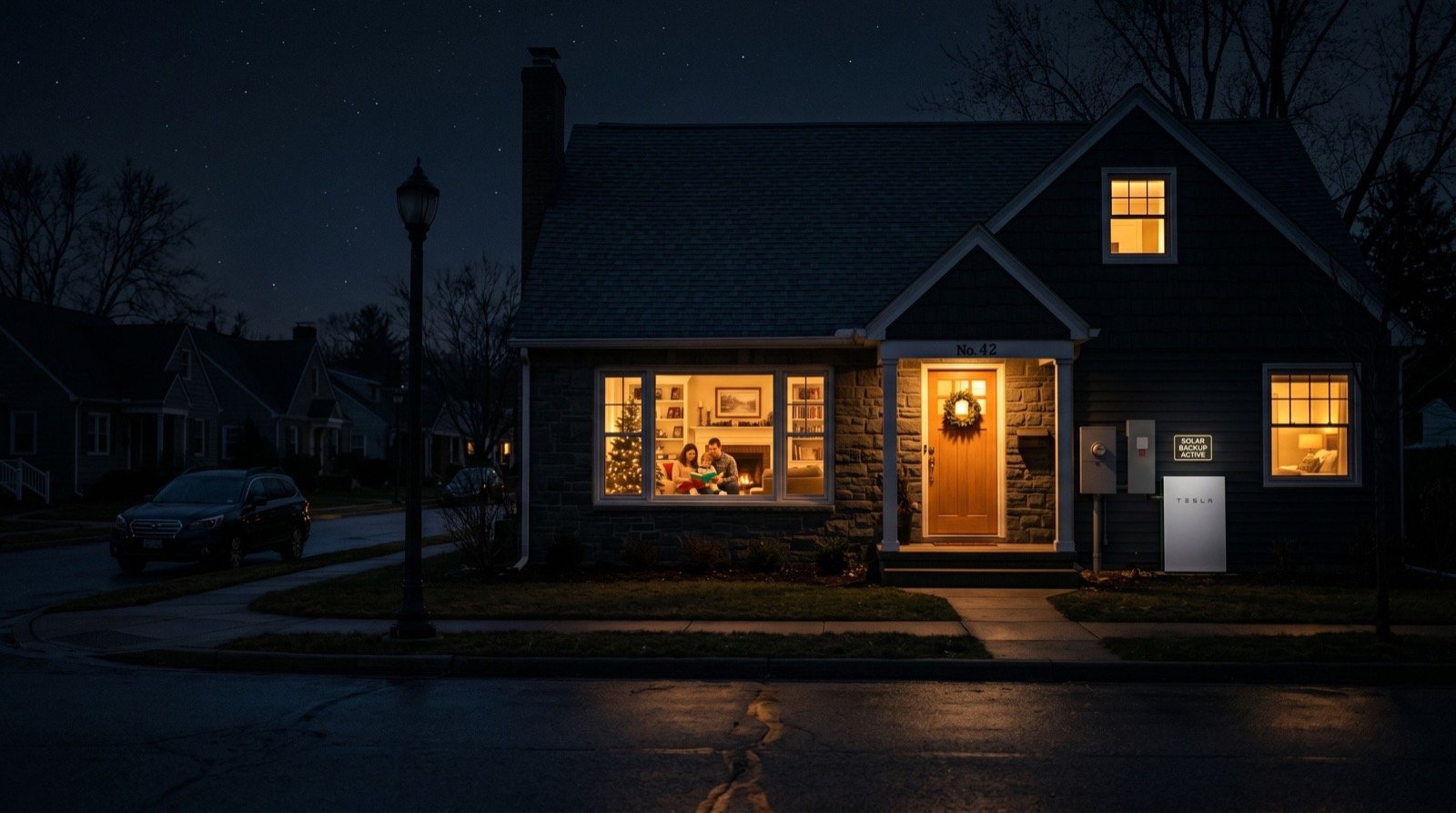 Home lit by solar battery during a neighborhood outage